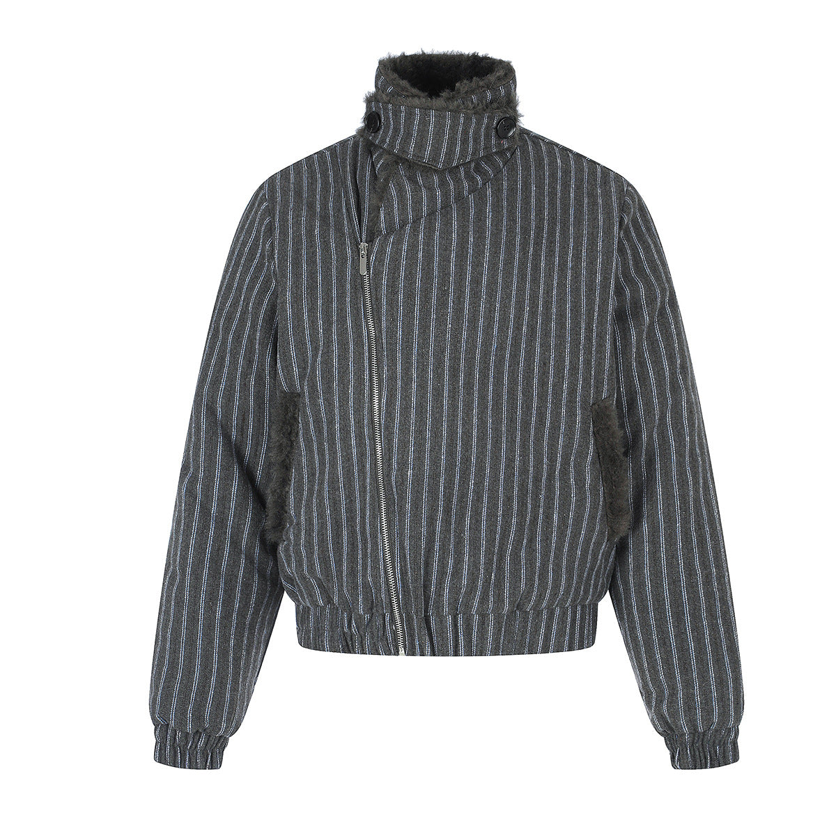 Pinstripe Zip-Up Bomber Jacket with Sherpa Collar & Pocket Trim