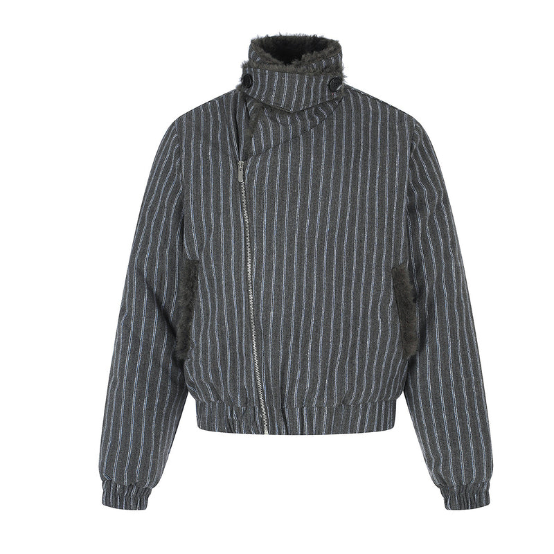 Pinstripe Zip-Up Bomber Jacket with Sherpa Collar & Pocket Trim