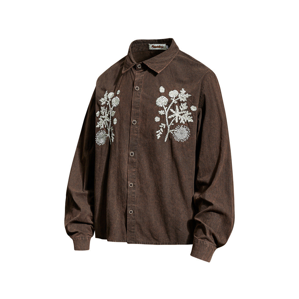 Floral Embroidered Oversized Long-Sleeve Button-Up Shirt