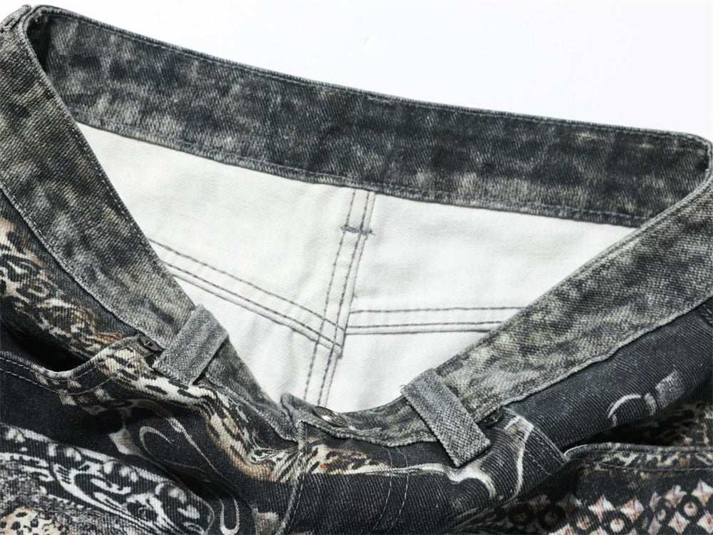 Baggy Wide-Leg Jeans – Paisley Graphic Waistband, Acid-Washed Grey Denim