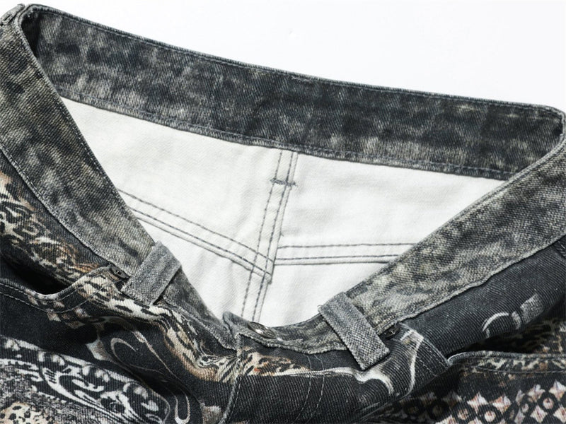 Baggy Wide-Leg Jeans – Paisley Graphic Waistband, Acid-Washed Grey Denim