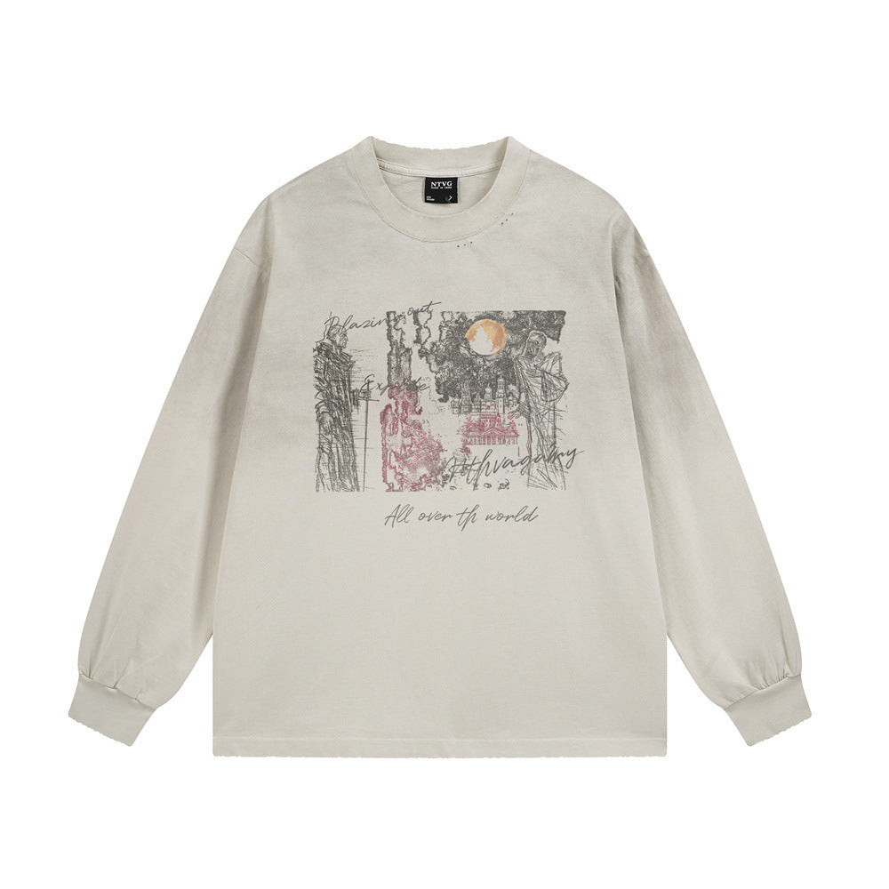 T-shirt homme oversize en coton délavé à manches longues et col ras-du-cou, avec imprimé graffiti abstrait, noir et coloris amande