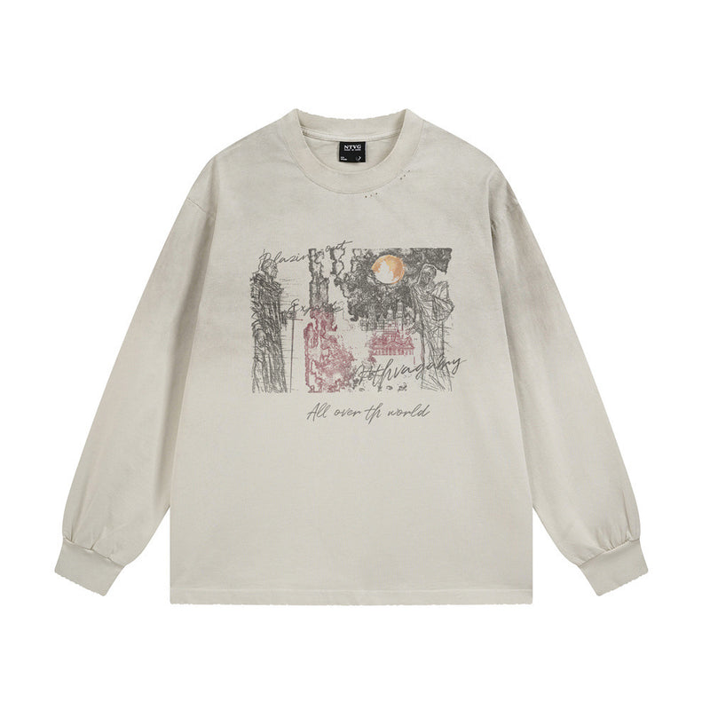T-shirt homme oversize en coton délavé à manches longues et col ras-du-cou, avec imprimé graffiti abstrait, noir et coloris amande