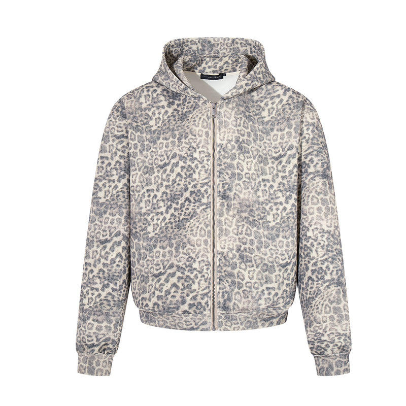 Hoodie zippé à imprimé léopard – Style streetwear américain vintage