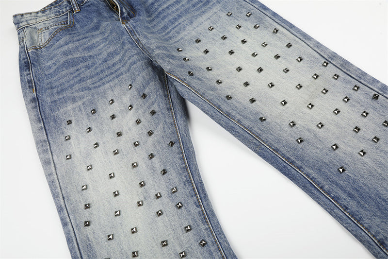 Jean flare homme bleu délavé à clous – Denim vintage délavé à jambe large