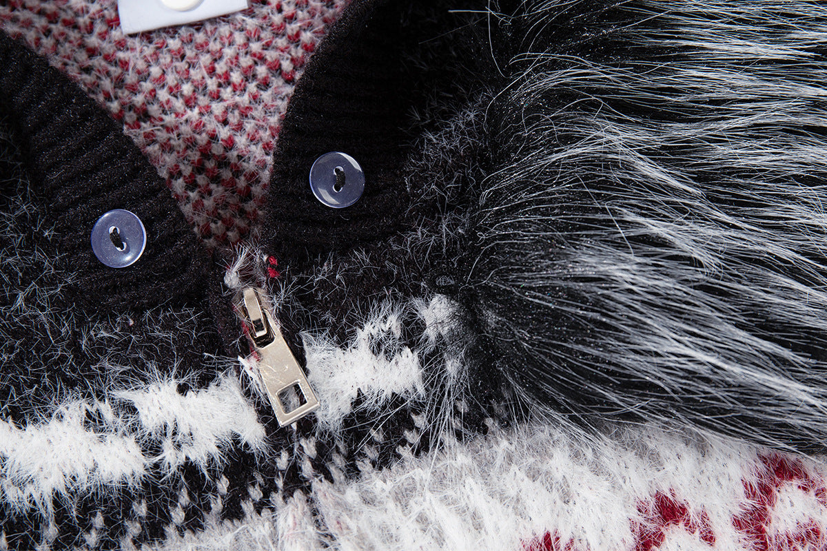 Paisley Fair Isle Knit Zip-Up Hoodie with Faux Fur Trim