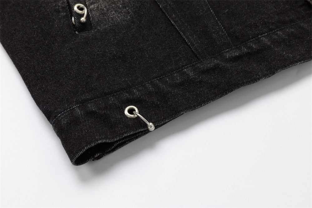 Black Jean Jacket Men – Punk Washed Denim with Metal Ring Hardware