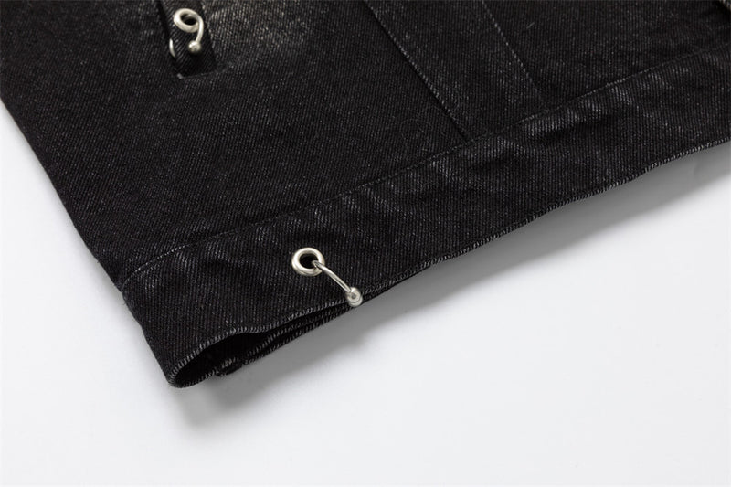 Black Jean Jacket Men – Punk Washed Denim with Metal Ring Hardware