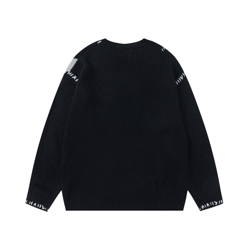 Pull homme en maille patchwork – Col rond vintage à franges américaines