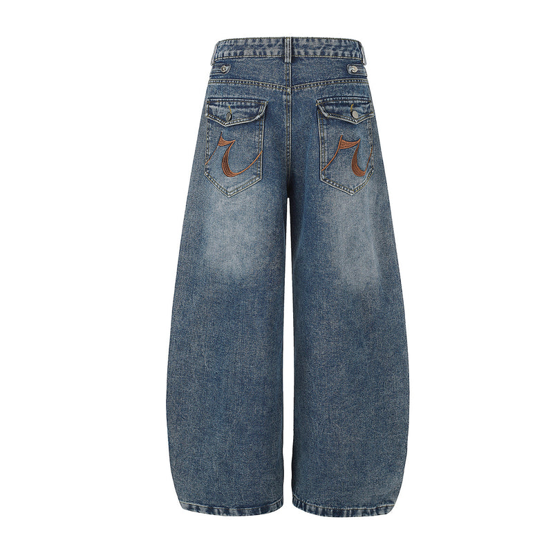 Wide-Leg Baggy Jeans – Light Blue Washed Denim with Metal Stud & Pintuck Detail