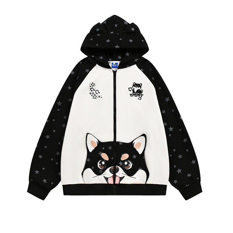Hoodie with Cool Designs – Star Print Cartoon Cat Zip-Up Hoodie with Ear Hood