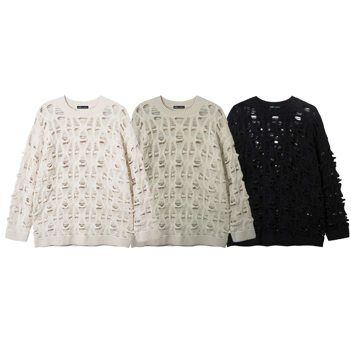 Distressed Open-Weave Crew Neck Knit Sweater – Oversized Ladder-Hole Design
