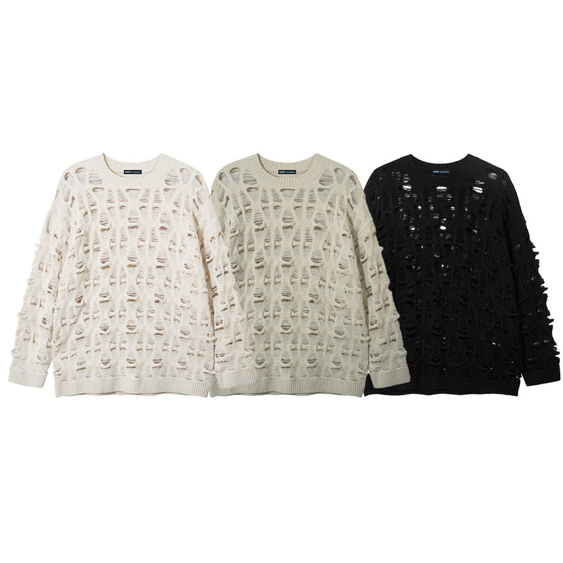 Distressed Open-Weave Crew Neck Knit Sweater – Oversized Ladder-Hole Design