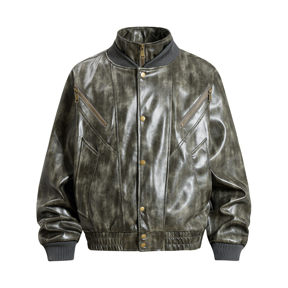 Men's oversized distressed glossy PU leather bomber jacket in ink green with stand collar, diagonal zip chest pockets, and go