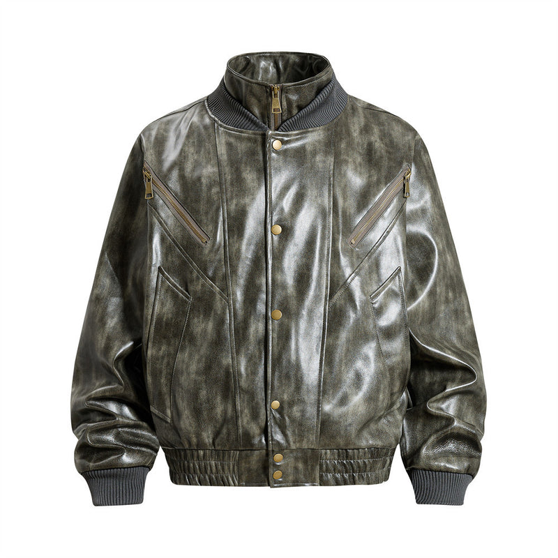 Men's oversized distressed glossy PU leather bomber jacket in ink green with stand collar, diagonal zip chest pockets, and go