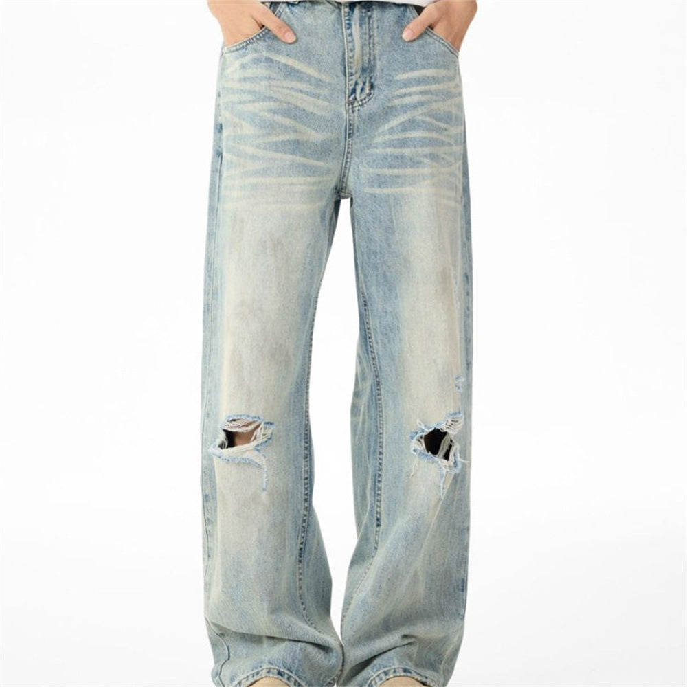 Wide-Leg Distressed Jeans – Light Wash Vintage Ripped Straight Denim