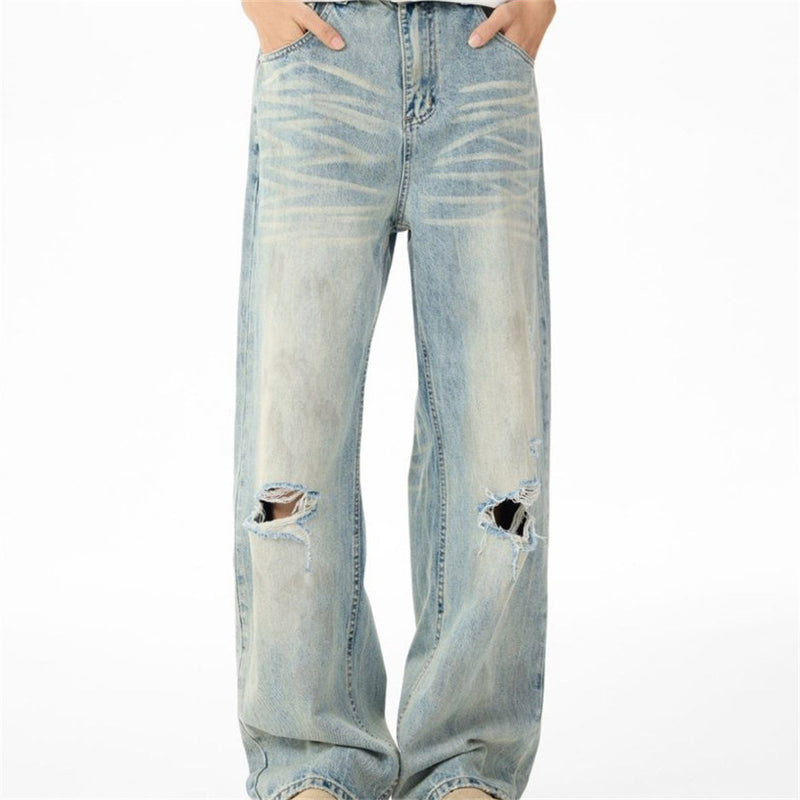 Wide-Leg Distressed Jeans – Light Wash Vintage Ripped Straight Denim