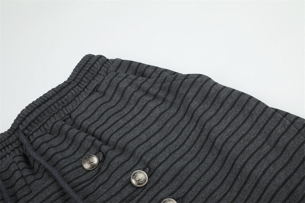Pantalón de Pierna Ancha a Rayas para Hombre con Cintura de Cordón y Botones Cruzados