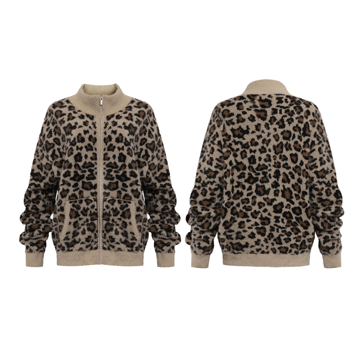 Zip-Jacke aus Leo-Fleece – Oversized-Fuzzy-Bomber mit Fronttaschen