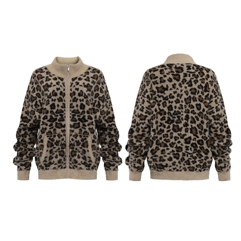 Zip-Jacke aus Leo-Fleece – Oversized-Fuzzy-Bomber mit Fronttaschen