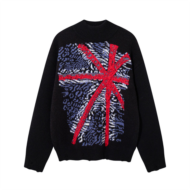 Men's Oversized Jacquard Knit Pullover Sweater with Union Jack Graphic