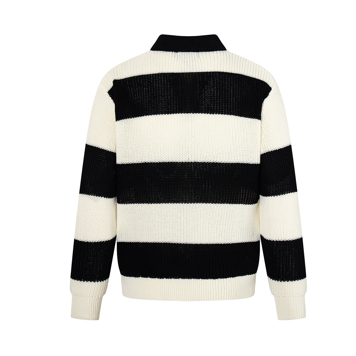 Black and White Striped Sweater – Polo Collar Knit Rugby Pullover