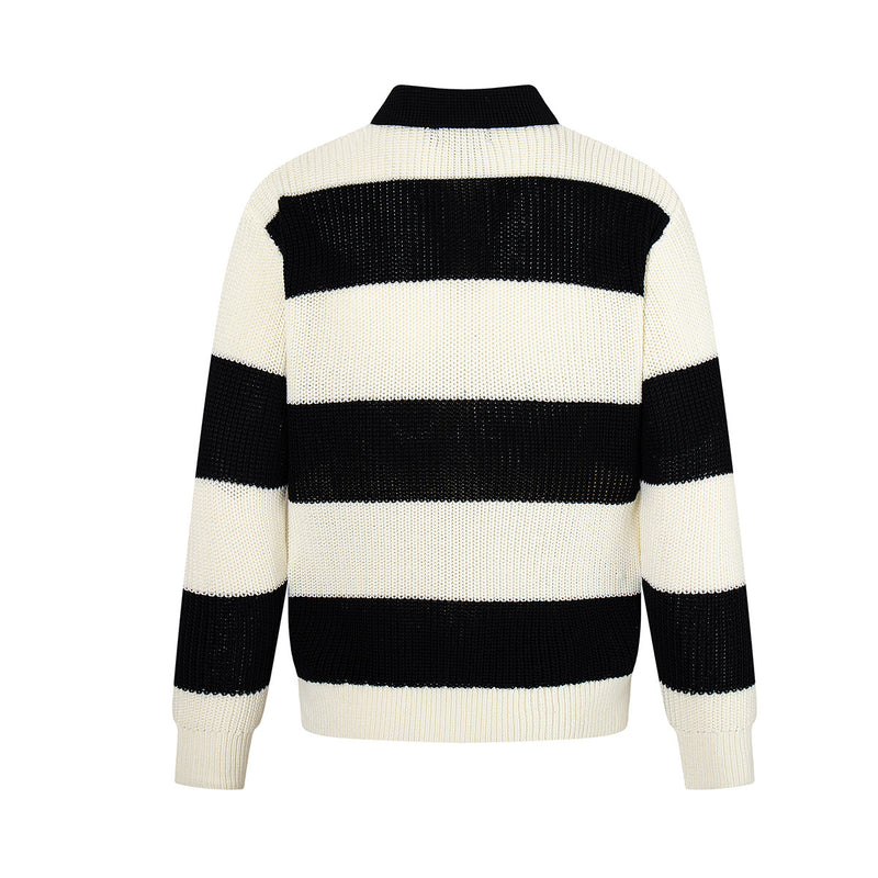 Black and White Striped Sweater – Polo Collar Knit Rugby Pullover
