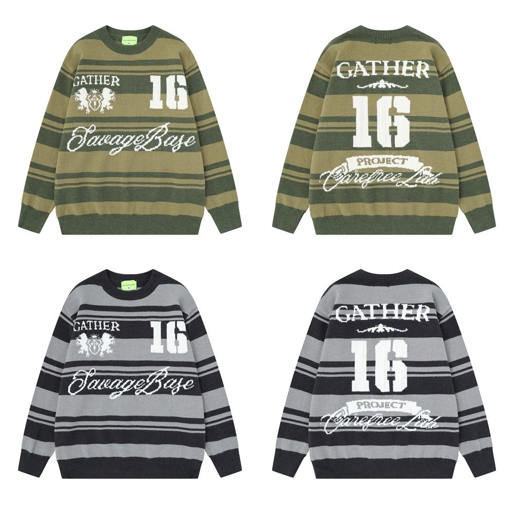 Gestreifter Jacquard-Strickpullover – Gather 16 SavageBase-Print, Relaxed Rundhalsausschnitt