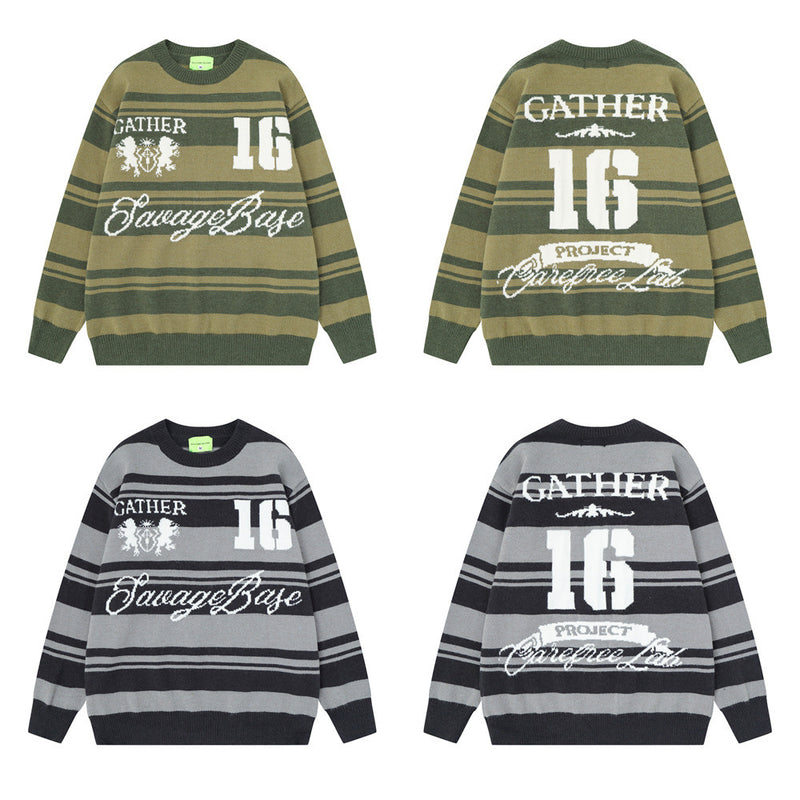 Gestreifter Jacquard-Strickpullover – Gather 16 SavageBase-Print, Relaxed Rundhalsausschnitt