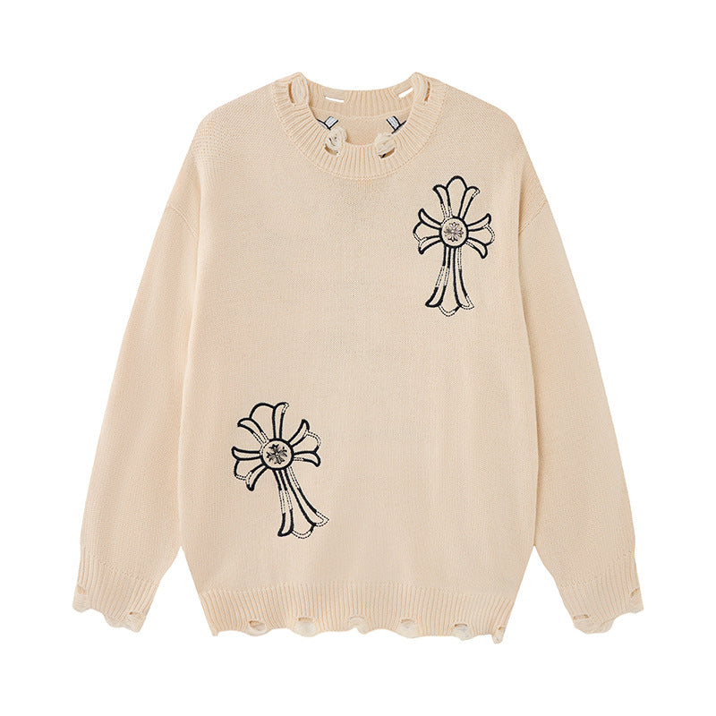 Pull en maille destroy à broderies croisées – Sweat oversize à col rond