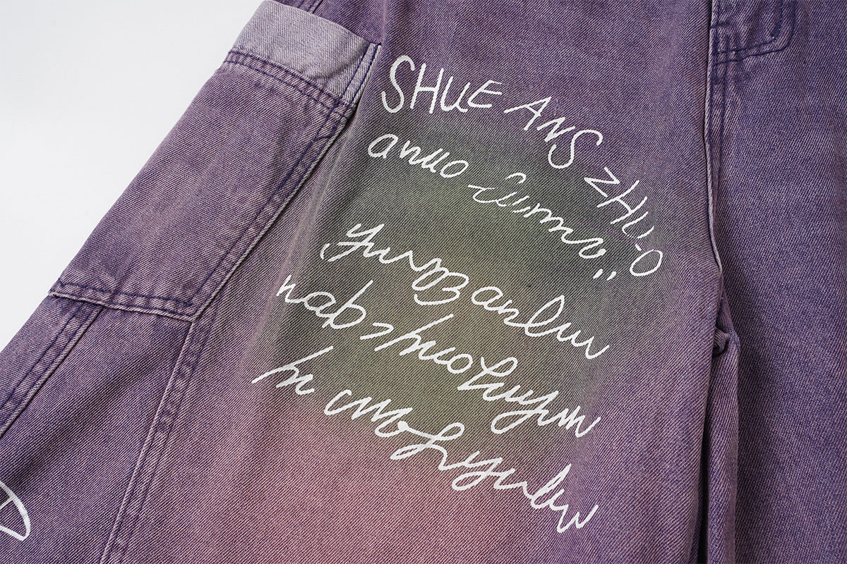 Jean taille haute à jambe large – Pantalon barrel en denim violet délavé à l’acide, imprimé graffiti