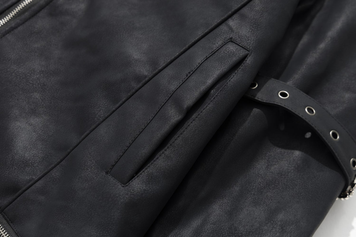 Black Faux Leather Hooded Bomber Jacket with Faux Fur Trim & Buckle Strap
