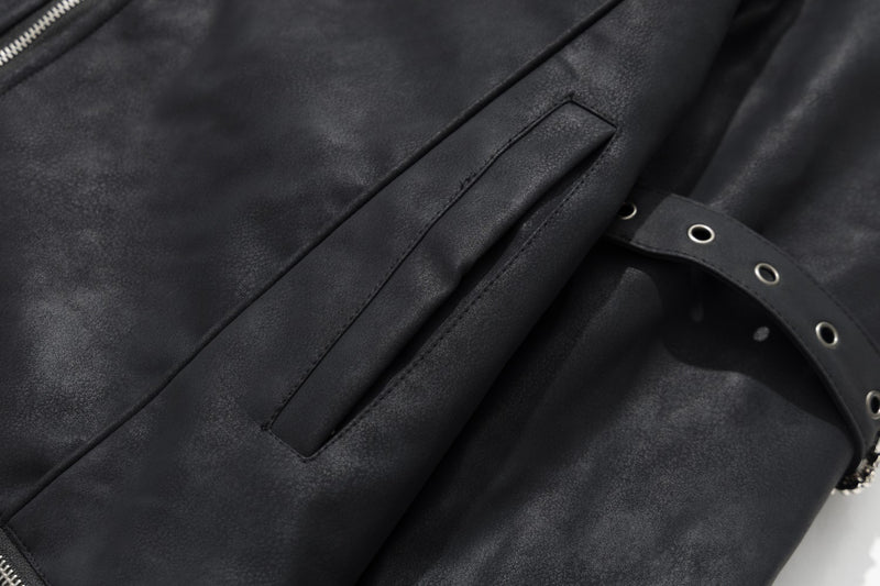 Black Faux Leather Hooded Bomber Jacket with Faux Fur Trim & Buckle Strap