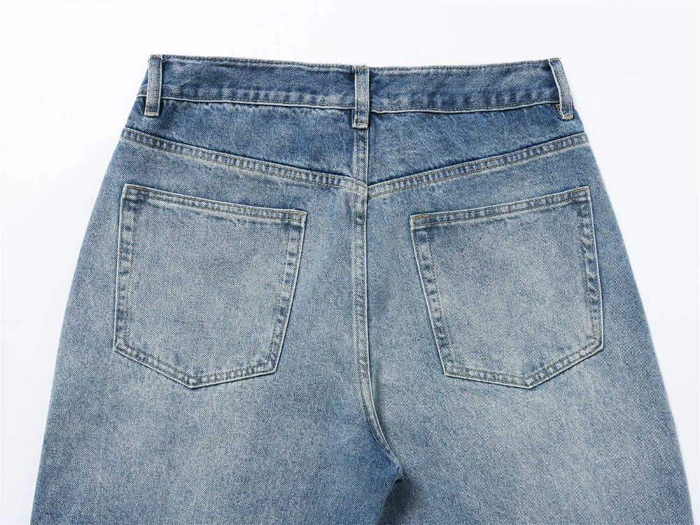Men's Patchwork Wide-Leg Jeans – Straight Fit Streetwear Denim with Contrast