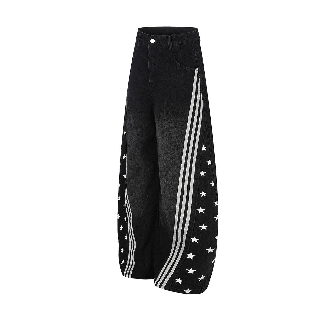 High Waist Baggy Jeans – Star Print Wide-Leg Denim with Triple Stripe Detail