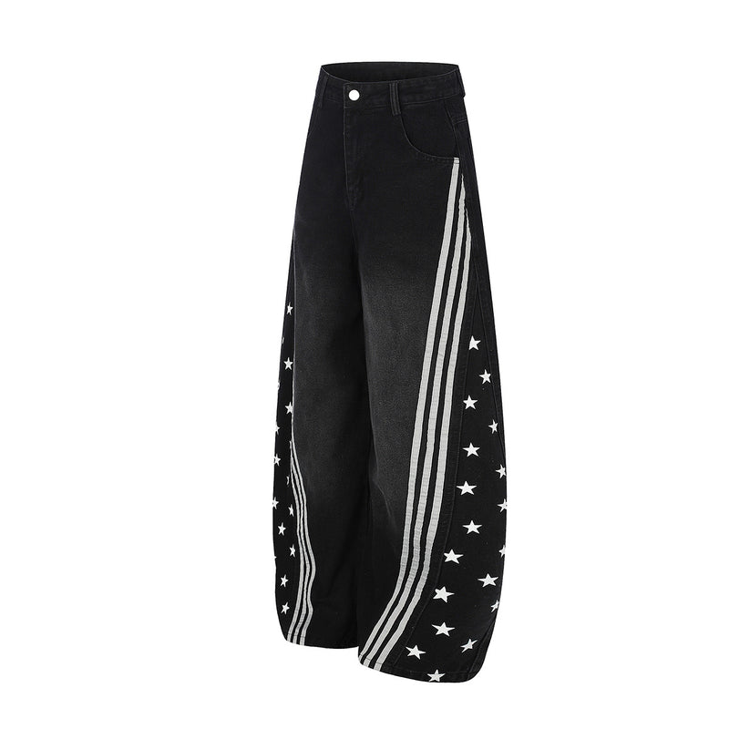 High Waist Baggy Jeans – Star Print Wide-Leg Denim with Triple Stripe Detail