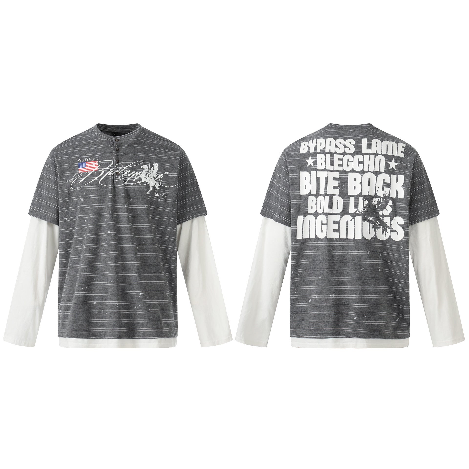 Camisa gris de manga larga con raya diplomática y efecto de doble capa, mangas blancas en contraste y llamativo estampado gráfico trasero, vista frontal y trasera