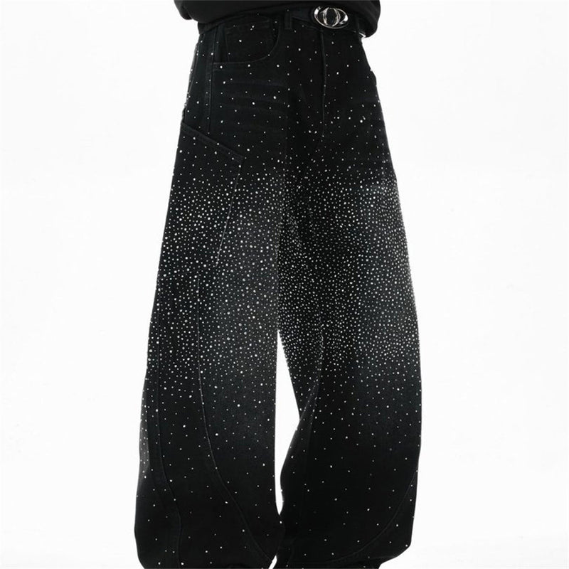 Rhinestone Wide-Leg Jeans – Men's Distressed Denim with Large Cargo Pockets &