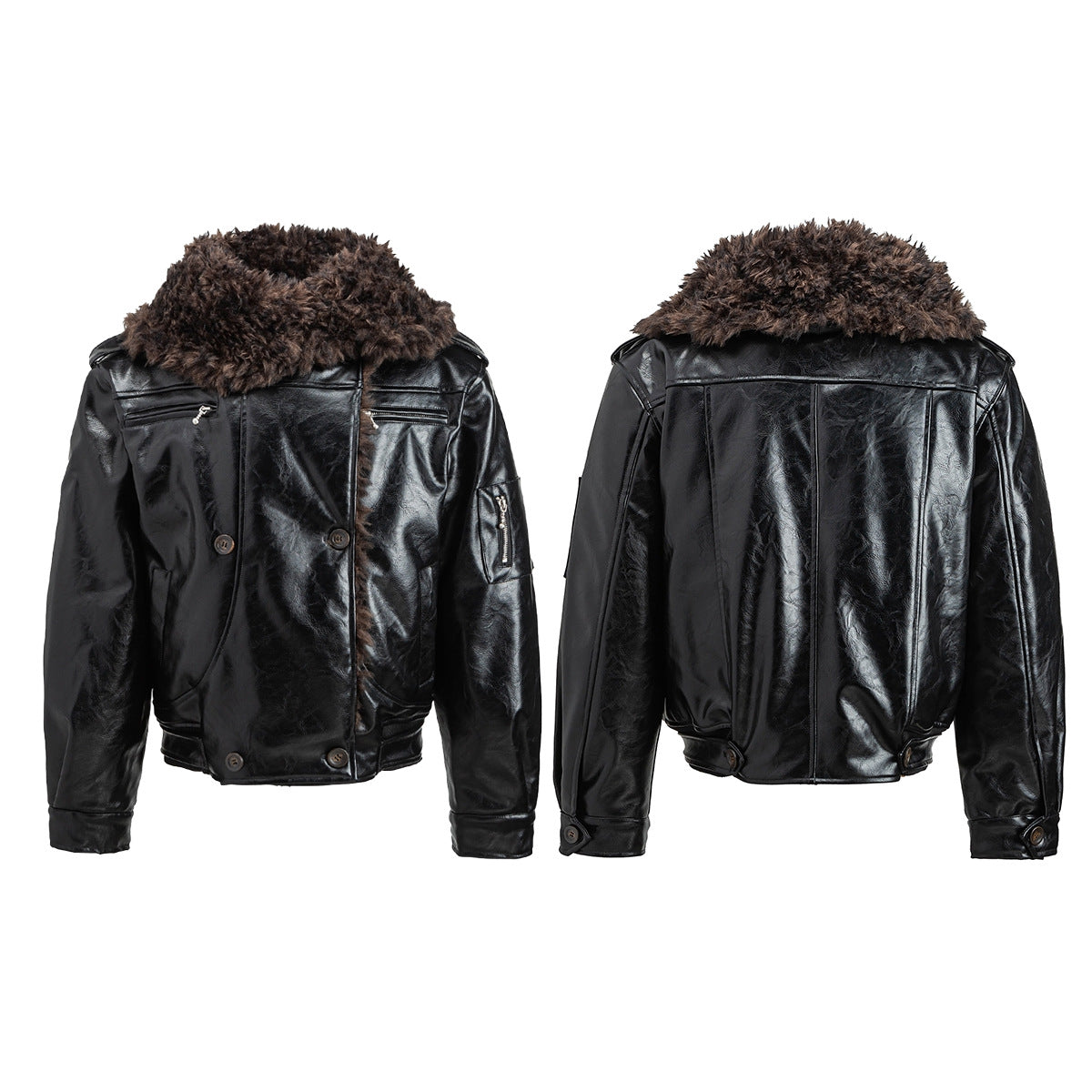 Men's Faux Shearling Collar Leather Bomber Jacket – Oversized Black Winter