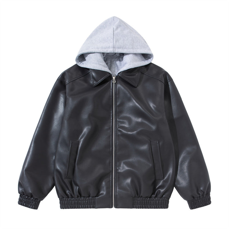 Faux Leather Hooded Bomber Jacket – Layered PU Zip-Up Oversized Coat