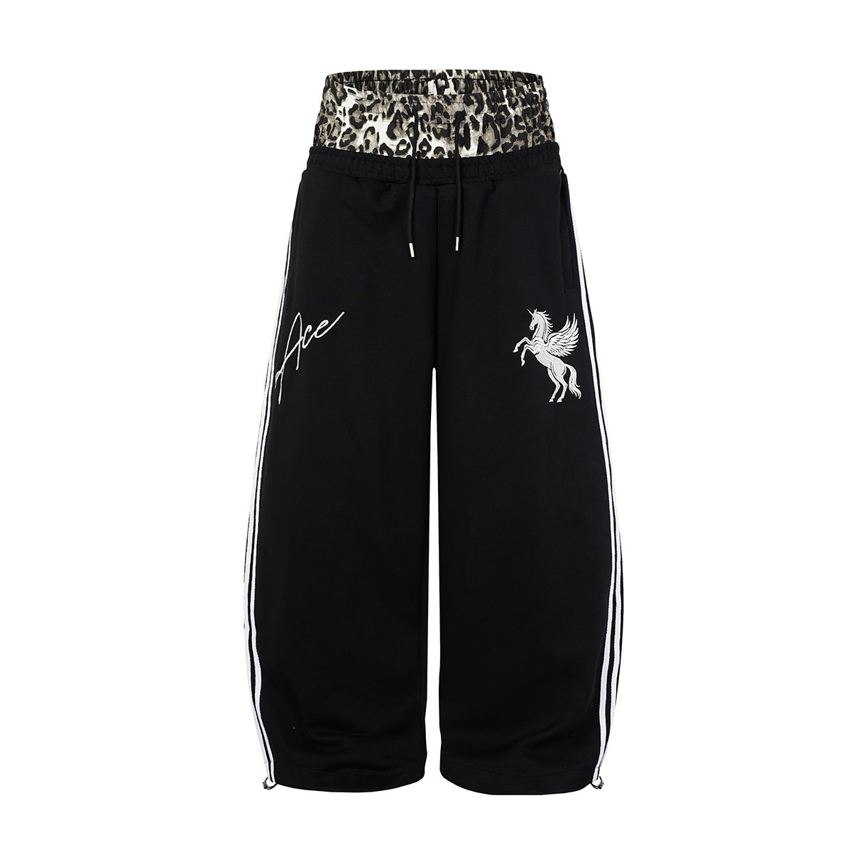 Wide Leg Sweatpants with Leopard Waistband & Pegasus Embroidery