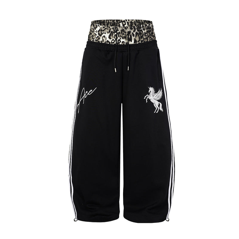 Wide Leg Sweatpants with Leopard Waistband & Pegasus Embroidery