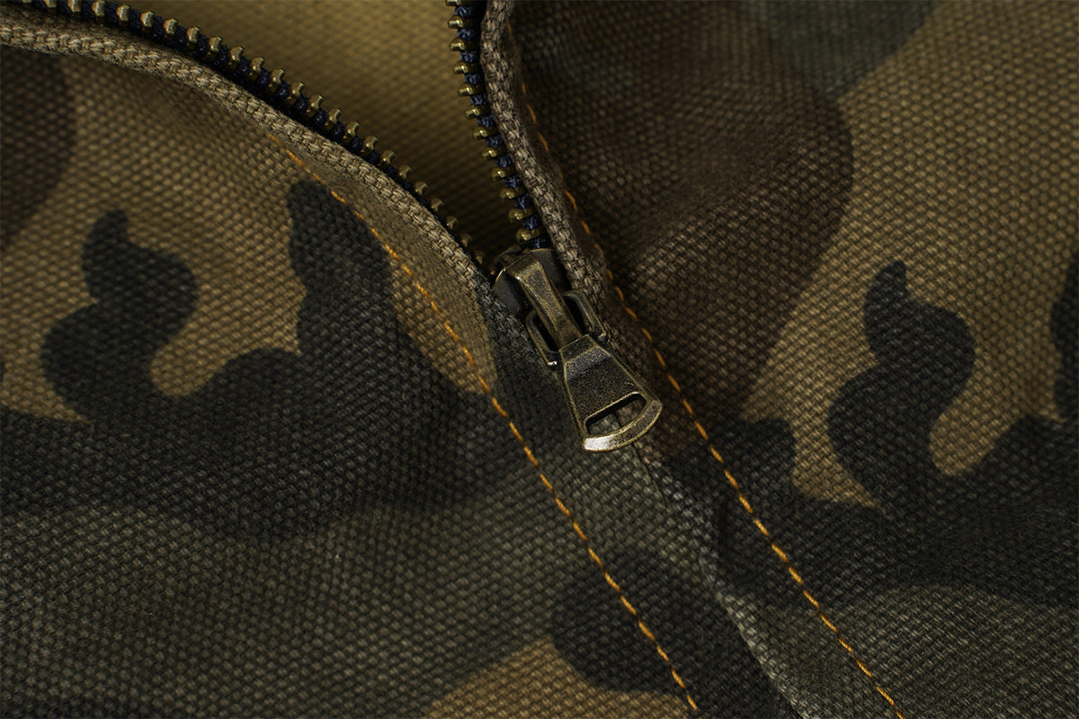 Veste de travail zippée en toile camouflage avec col en velours côtelé