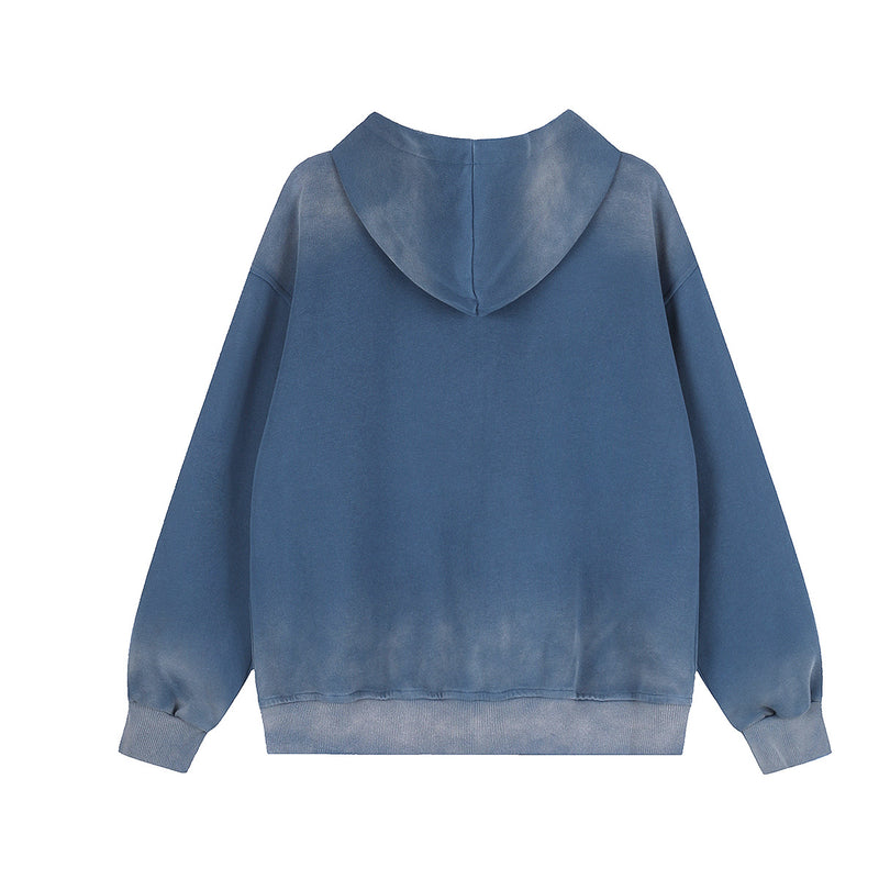 Sudadera Lavada con Cremallera y Estampado de Estrellas — Streetwear Vintage Azul Extragrande