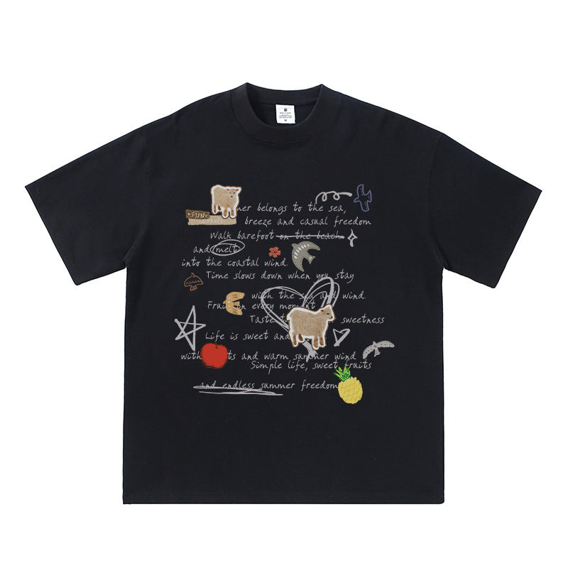 Summer Freedom Graphic T-Shirt | Sheep & Fruit Print Oversized Tee