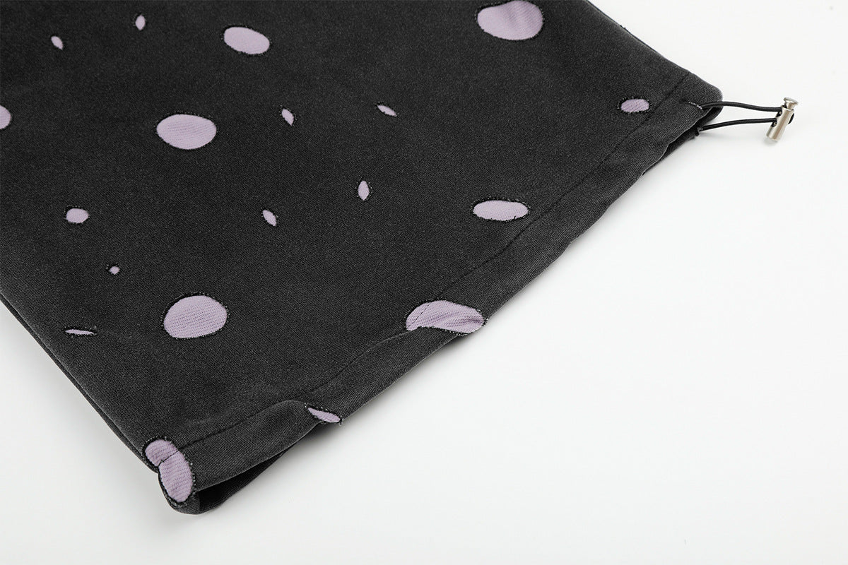 Wide-Leg Sweatpants Black Polka Dot Print Elastic Waist Drawstring