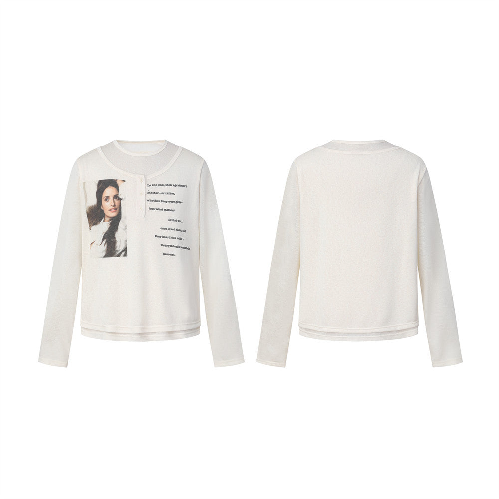 Cropped Graphic Tee Men – Long Sleeve Photo & Letter Print Henley Neck