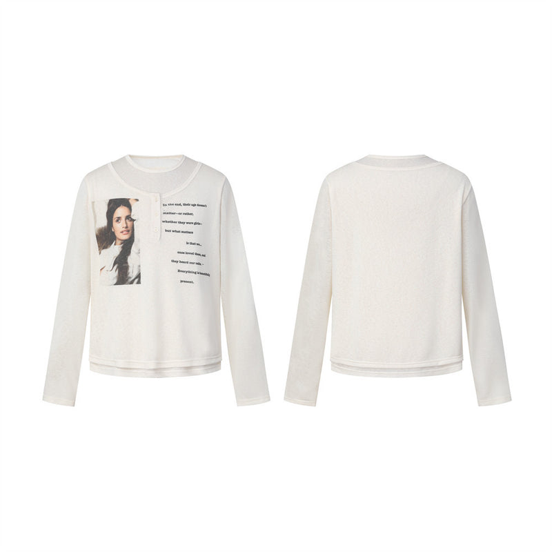 Cropped Graphic Tee Men – Long Sleeve Photo & Letter Print Henley Neck