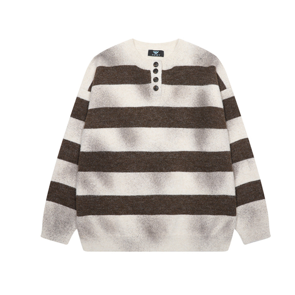 Brown and white wide-stripe Henley knit sweater with button placket, front and back view
