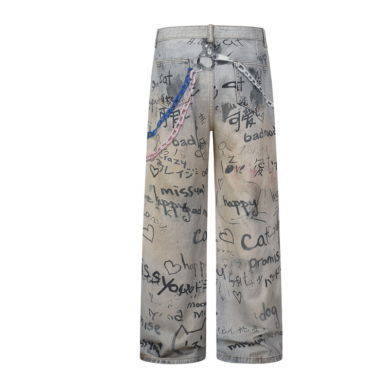 Wide-Leg-Jeans mit Graffiti-Print, Schlüsselanhänger-Anhängern und Deko-Ketten